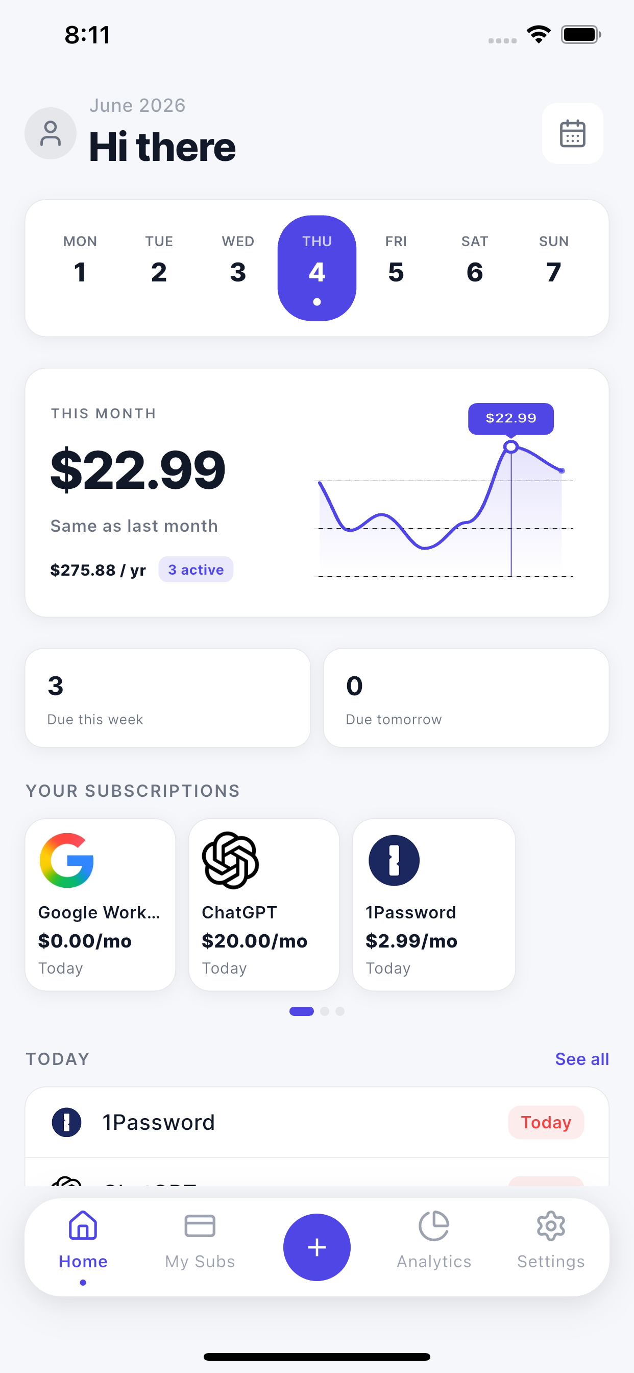 SubPlus home screen