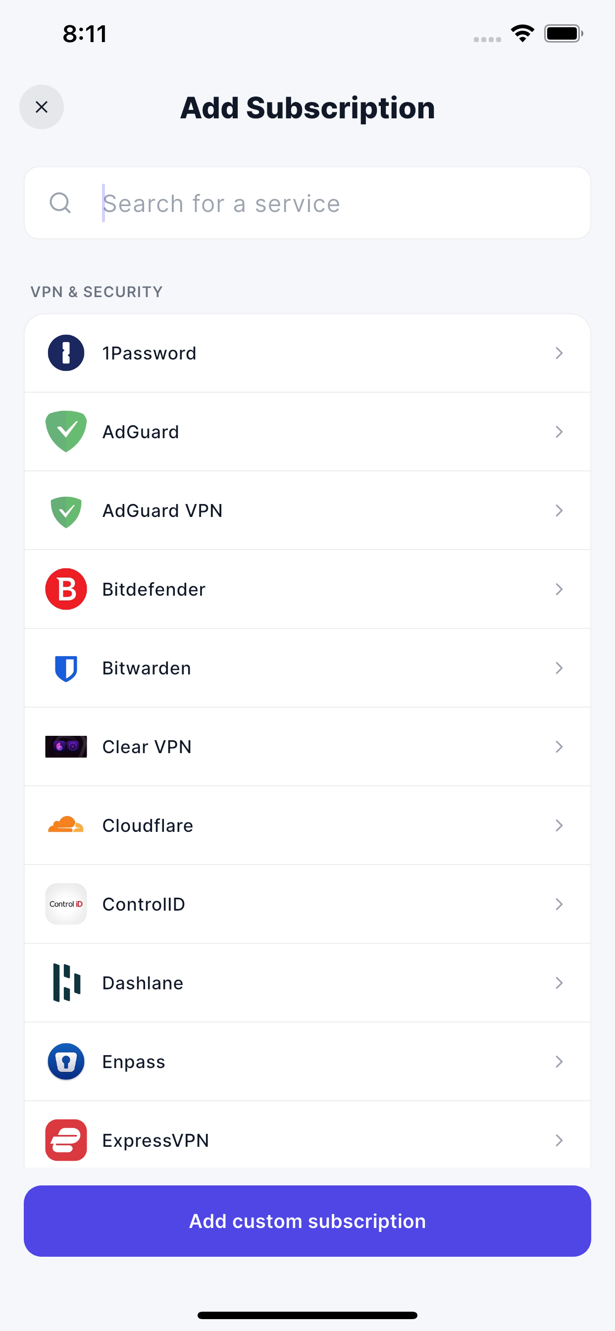 Add subscription screen